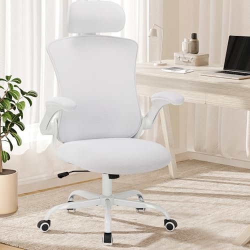 COLAMY Office Chair Mesh Computer Chair with Adjustable Headrest and Lumbar Support Ergonomic Desk Chair with Flip-up Armrest, 140° Rocking for Home Office Study, White