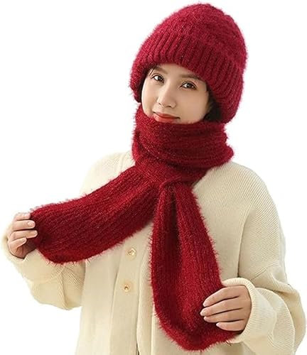 YJWZ Integrierter Gehörschutz Winddichte Mütze Schal,2 in 1 Winddichter Mützenschal Niedlich Mütze Schal Set Damen mit Brosche Winter Warm Strickmütze, Kapuzenschal für Frauen