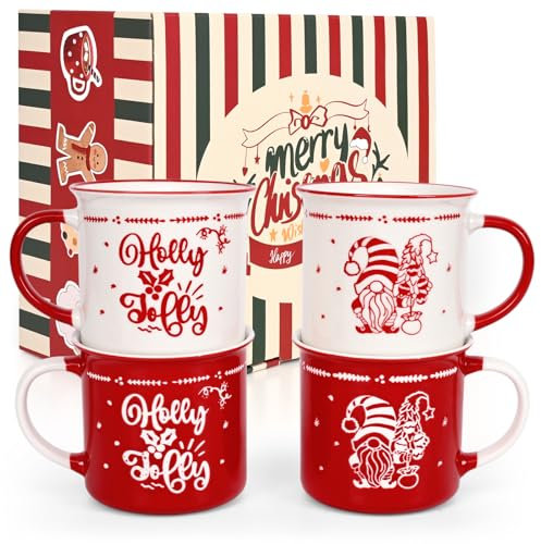 Cabtnca Weihnachtstassen 4er-Set, Weihnachtstassen, Weihnachts-Kaffeetassen, Keramik-Weihnachtstasse, Zwergmann-Tasse, Feiertagstassen, Weihnachts-Tassen-Dekoration, Heirats-Weihnachtsgeschenke für