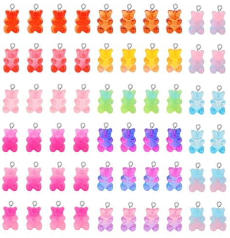 FSSTUD 60 Pcs Gummy Bear Pendants Colourful Bear Charms Small Resin Bear Beads Cartoon Animal Candy Charms Plastic Cute Dangle Charms with Loop for Children