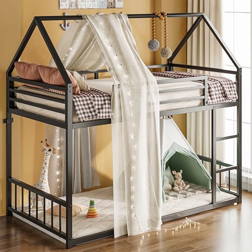 LIKIMIO Bunk Bed Twin Over Twin, House Bunk Bed Frame with Ladder, Black