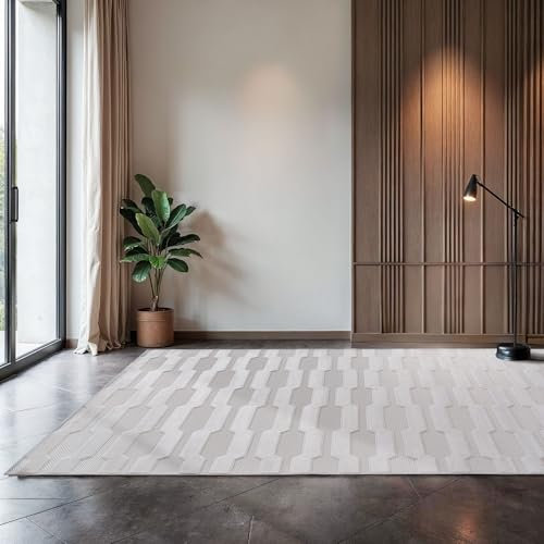 SIMPEX Indoor Outdoor Teppich Wetterfest 240x340 cm, 3D Optik, Ethno Boho Design, Waschbar, Natur Creme Farbe, für Wohnzimmer, Terrasse