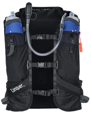 Conquer. Laufweste 15L mit Trinkblase & 2X faltbaren Trinkflaschen | Damen & Herren | Ultraleicht Trinkrucksack, Laufrucksack mit Handytasche zum Joggen, Laufen, Running Vest