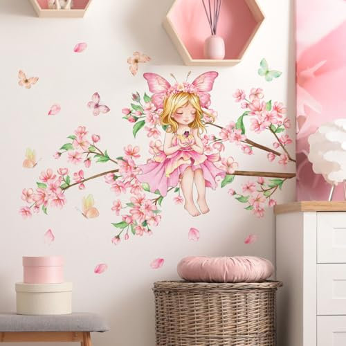 Winhappyhome Pêcher Arbre Rose Papillon Fée Stickers Muraux Chambre Fille Fond Décoratif Sticker Mural
