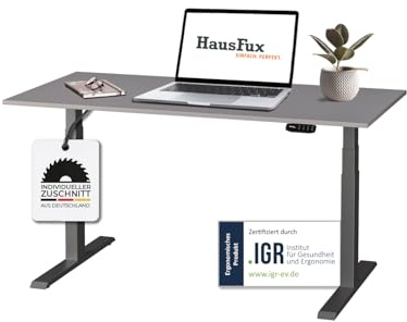 Hausfux Höhenverstellbarer Schreibtisch nach Maß (120 x 70 cm) | 2,5 cm starke Tischplatte auf Maß in Platin Grau, Gestell Schwarz, 3-stufig - maßgefertigt mit OLED-Touchpanel.