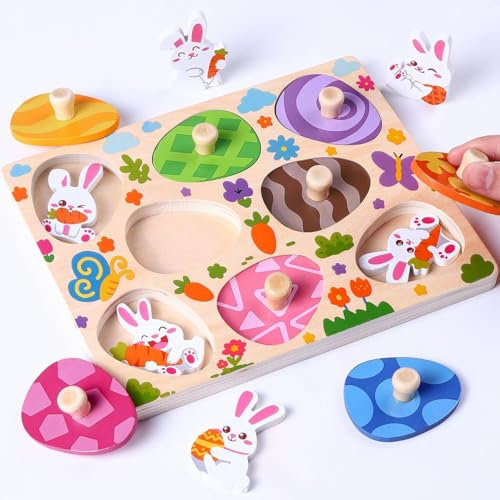 DTYDECLE 8 Stück Montessori Holzspielzeug Eier, Holzpuzzle ab 1 Jahr Ostern Hasen Kaninchen Greifpuzzle für Baby Kleinkinder Sortierspiel Lernspielzeug Geburstag Ostern Geschenk