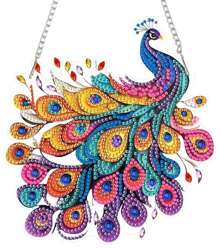 DOMROM Pfau Diamond Art Painting Anhänger, Buntes Diamond Painting Fensterbilder anhänger, Diamond Painting Hängende Ornament für Kinder Erwachsene Diamant Malerei Basteln Tür Wand Fenster Deko
