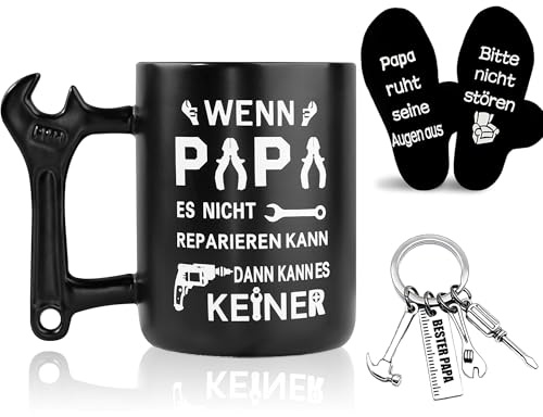 Geschenke für Papa mit Schraubenschlüssel Griff,Vatertagsgeschenk Bester Papa Geschenk für Männer Geburtstag,Weihnachten,Vatertag mit 13.5 oz Becher Kaffeetasse 400ml,Schlüsselanhänger,Lustige Socken
