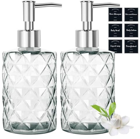 2 Pack Glass Soap Dispensers with Black Label, 330 ML/12Oz Clear Hand Soap Dispenser with 304 Rustproof Stainless Steel Pump, Refillable Dispensers Bottle, Lotion Dispensers for Kitchen, Bathroom