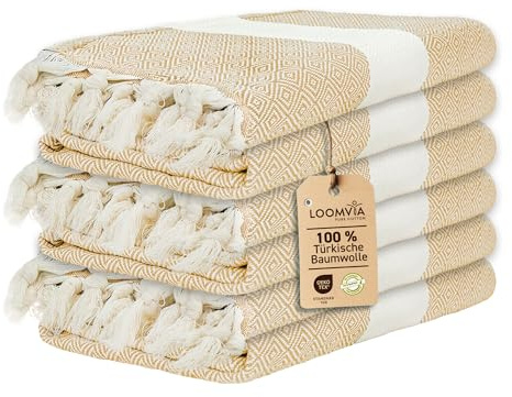 Loomvia | 6er Pack | Hamamtuch groß 100x180 aus 100% Baumwolle – Strandtuch, Saunatuch, Badetuch, Saunahandtuch | Saugstark & leicht | Saunatuch Damen & Herren für Strand, Sauna, Bad | Beige