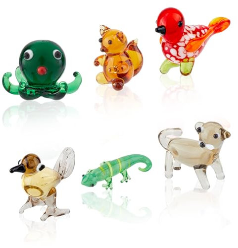 Hobbspring 6 Stück Mundgeblasene Glasfiguren Miniatur Tier Glasdekor Buntes Glas Vogel Krake Katze Chamäleon Eichhörnchen Schaudekorationen Für Zuhause Büro Sammlerstück Geschenk