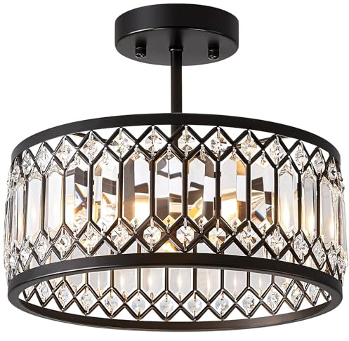 Vikaey Crystal Black Ceiling Light,Modern Semi Flush Mount Ceiling Lighting Fixture,Round Hallway Lighting Fixtures Chandelier for Kitchen Entryway Bedroom Dining Room,3-Light,12.2 in