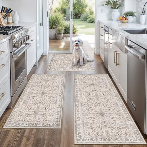 3-Piece Kitchen Rug Set of 3 with Runner – Non-Slip Washable Boho Kitchen Mats for Sink, Floor, Entryway & Hallway & Bathroom – Soft Small Throw Area Rugs, Home Decor (Beige,2x3+2x4+2x5)