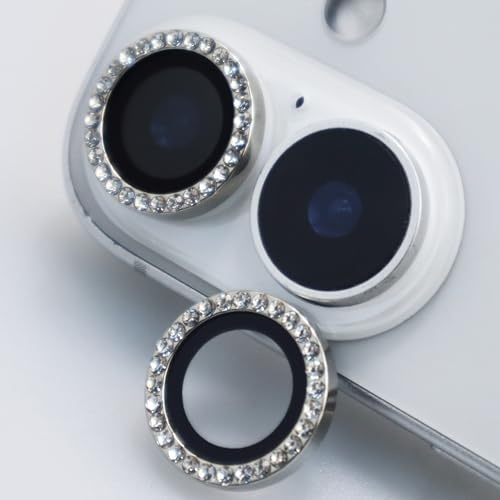 BCBOPE Camera Lens Protector for iPhone 16/16 Plus Bling Diamond Metal Ring Rhinestone Shine Gem Tempered Glass Lens Cover Accessories (Silver, for iPhone 16/16 Plus)
