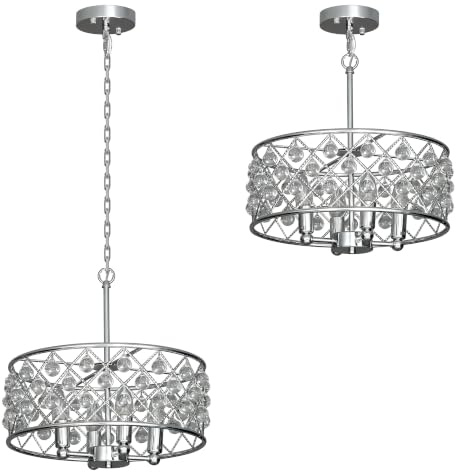 HOMCOM Crystal Chandelier Adjustable Height 4-Light E14 Base Silver Tone | Modern Flush Mount Ceiling Light, Hanging Chandelier, for Living Room, Bedroom, Dining Room, Bulb Not Included