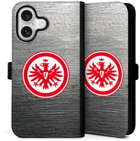 Klapphülle kompatibel mit Apple iPhone 16 Handyhülle aus Kunst Leder schwarz Flip Case Eintracht Frankfurt SGE Logo