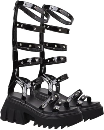 Holibanna Sandali Donna Estivi con Tacco Nero in Pelle Verniciata Design alla Schiava con Borchie e Fibbia Scarpe Moda Eleganti per Stagione Calda