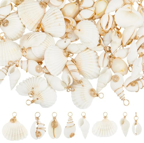 BEAMARKER 80 Pièces 8 Styles de Pendentifs en Coquillage Naturel : Coquille Saint Jacques Blanche, Coquillage Cauri en Spirale et Trompette, Breloques pour la Création de Bijoux