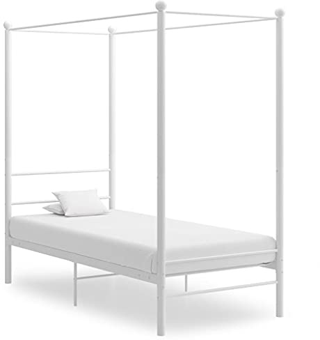 QJBSAVVA Himmelbett Weiß 100x200 cm Metall mit Vorhanghalter, 208x106x201 cm, Lattenrost, Schlaf- & Gästezimmer