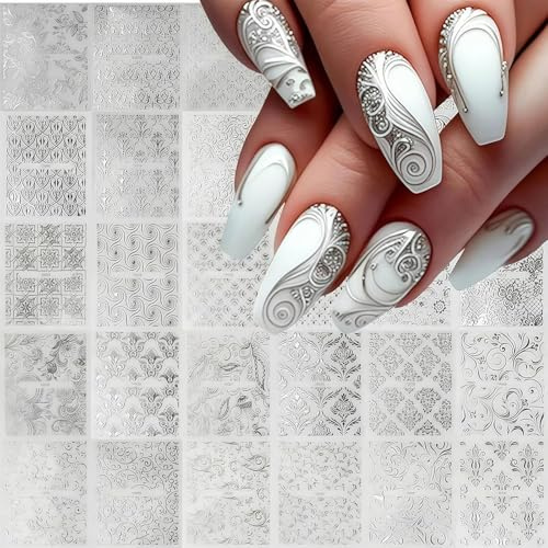Muorruo 30 feuilles d'autocollants pour ongles argentés avec motifs de fleurs, autocollants 3D autocollants pour les ongles, motifs floraux argentés et rétro, accessoires de design floral pour