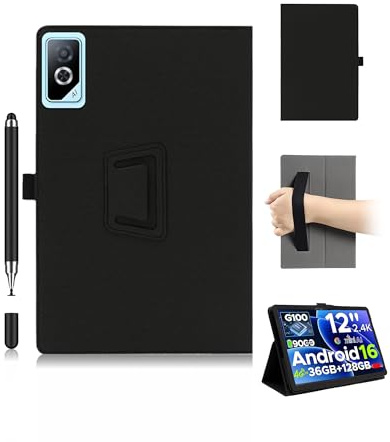 OAZSWGG Case for DOOGEE Tab G6 Pro Tablet 12 Inch with Stylus Pen, Black Shockproof Stand Cover with Soft-Touch Finish & Hand Strap, for Handheld Use and Watching TV