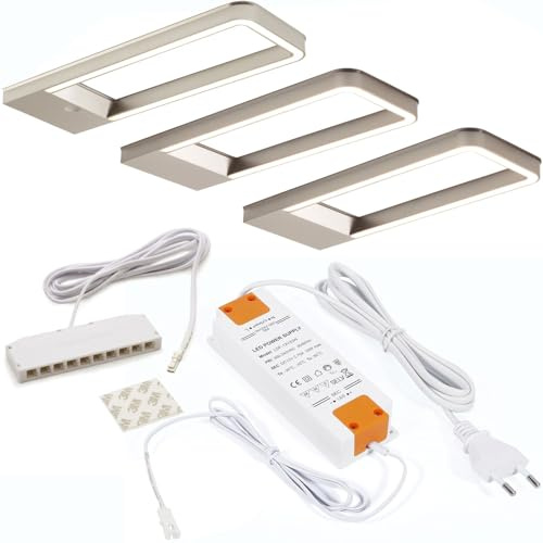 SOTECH 3er Set LED Möbelleuchte Domus Line SOTTI 3000K warmweiß | 1 x mit/2 x ohne Sensor inkl. Trafo & Verteiler Edelstahloptik 12V 5W Unterbauleuchte Schrankleuchte Vitrinenbeleuchtung