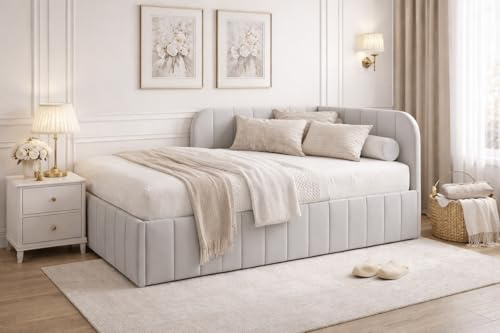 MOEBELPAKET.de Bett Mario 90x200 cm, Polsterbett mit Metallrahmen, Jugendbett mit Bettkasten und Oeko-Tex, Eleganter Riviera-Stoff, Grau, Links