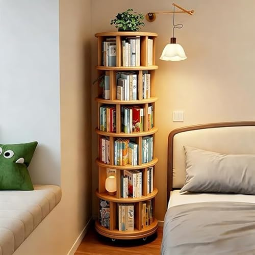 Scribora Libreria Rotante a 360° in Legno Massello, Scaffale Girevole a 6 Ripiani con Ruote, Salvaspazio per Salotto, Studio, Camera da Letto e Ufficio, Design Moderno