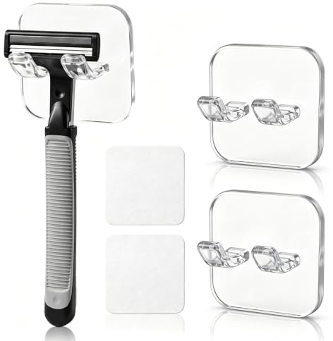 Razor Holder for Shower 2 Pack Self-Adhesive Hooks Wall Suction Cup Hanger Shaver Holder Clear Towel Bathroom No-Drill Hook Removable Reusable Waterproof for Hanging Towels, Keys, Hats, Loofah, Etc