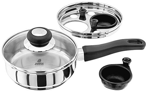 Judge Vista Stainless Steel Two Cup Egg Poacher and Frying Pan, Shatterproof Vented Glass Lid, Induction Ready, Oven Safe