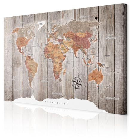 decomonkey Wandbilder Weltkarte 90x60 cm XXL 1 Teilig Leinwandbilder Holz | Bild auf Leinwand, Kunstdruck, Wanddeko, Wohnzimmer, Wanddekoration, Welt Karte, Landkarte, Kontinente