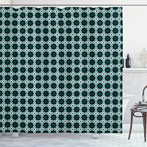 ABAKUHAUS Marokkanisch Duschvorhang, Oriental Blue Pattern, Stoffliches Gewebe Badezimmerdekorationsset mit Haken, 175 x 200 cm, Grün Türkis