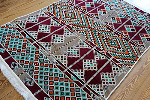 Laith 200x130 cm Waschbarer Orientalicher Teppich, Kelim,Kilim,Carpet,Bodenbelag,Rug, Kunstfaser mit samtiger(Chenille) Oberfläche, Weinrot,türkis,Kamel Braun,orange, 200 cm x 130 cm