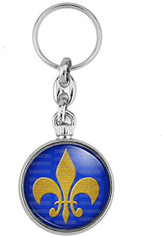 Badgmania Porte Clés Métal 2 faces Porte-Clés Acier Goutte Fleur de Lys Royale Roi de France Royauté - Ocre sur Fond Bleu Logo 33mm
