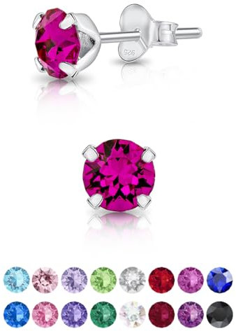 Pendientes Fucsia en Plata de Ley 925 con Cristales Swarovski 5 mm - Pendientes Pequeños Brillantes de Colores - Pendientes Mujer Fucsia en Plata de Ley 925
