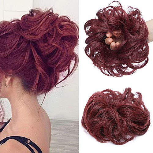 Silk-co Haarteil mit Gummiband, Dutt mit Haaren Gewellt Weich Dutt Haarteil mit Gummiband 35 g, Gelockt Haarverdickung Hair Extensions Messy Bun Hochsteckfrisuren Weinrot