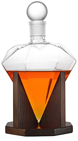 Diamant Whiskey Dekanter mit 1000 ml, bleifreiem Glas Design-Karaffe mit Holzständer - Glass Stopper, dekorative Bar, Männer Geburtstagsgeschenk - Scotch, Bourbon
