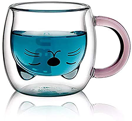 Qiuerte 250 ml - Tasse à café en verre - Motif chat de dessin animé - Transparent