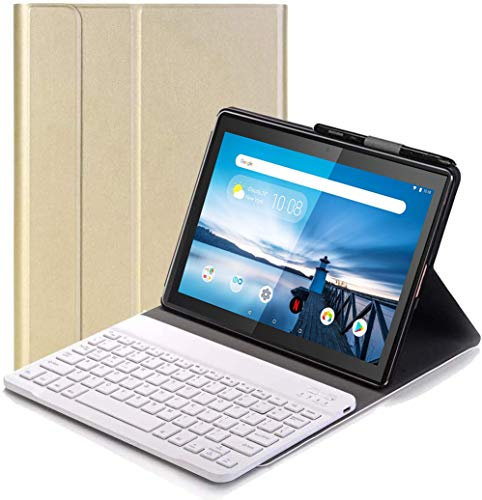 Tastiera Custodia per Lenovo Tab M10 TB-X605/TB-X505 - QWERTY Ultra PU Custodia con Supporto con Cover Tastiera Rimovibile Wireless Keyboard per Lenovo Tab M10 TB-X605F/L TB-X505F/L 10,1 Pollici, Oro