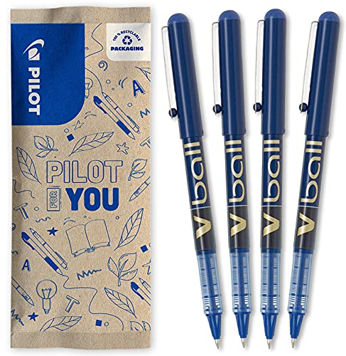 PILOT Caja de 4 VBall 07 - Bolígrafos roller con tinta líquida - Bolígrafos con punta cónica Media para Escritura Suave y Precisa - Secado rápido, antimanchas - Azul- Punta Media