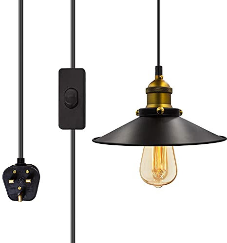 Vintage Industrial Bronze Plug in Pendant Light Shade,E27 Lamp Holder with Switch Suspended Pendant Light Fitting Kit,6M Cable Retro Hanging Lamp,Rustic Plug in Ceiling Light Fixture,for Garage Cafe