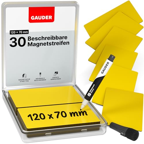GAUDER Magnetic Labels Writable - Reusable Magnetic Tags for Whiteboard, Blackboard, Kanban Board and Fridge - Magnet Cards with Marker (30 Pieces - 120 x 70 mm)
