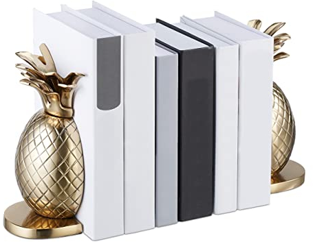 Relaxdays Serre-Livres Tendance en Forme d’Ananas, 2 pièces, métal, H x L x P : 21 x 8 x 13 cm, pour étagère, doré