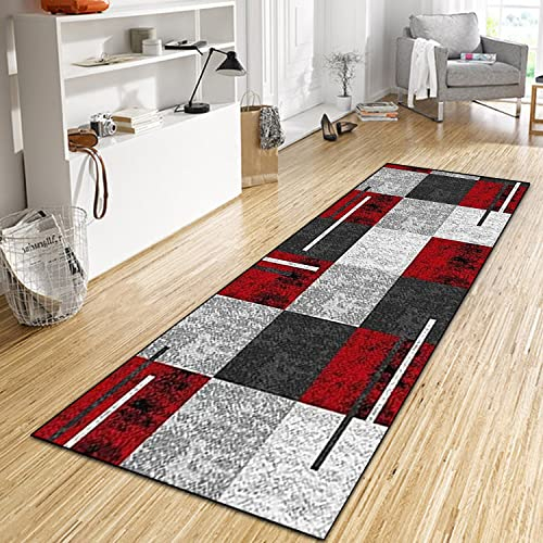 WTHYGB Teppich Läufer Flur Küche 40x400 cm, Modern rutschfest Waschbar Küchenläufer Flurläufer, Lang Polyester Plaid Hellgrau und Rot Teppichläufer für Korridor, Schlafzimmer, Innen Wohnzimmer