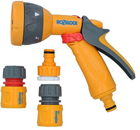 Hozelock Spray Nozzle Garden Hose Pipe Water Gun 5 Function & 3 Fittings Yard
