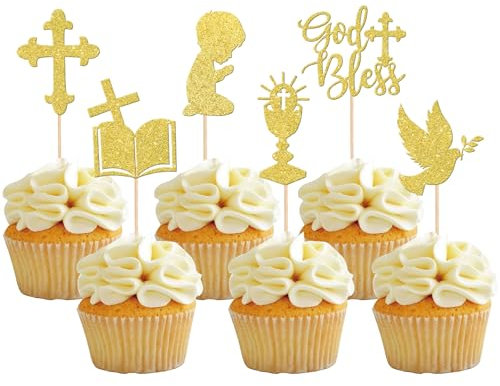 24 PCS Boy God Bless and Cross Cupcake Toppers Glitter Dove Chalice Bible Baptism Cupcake Picks First Communion Christian Baptism Theme Baby Shower Boys Birthday Party Cake Decorations Gold