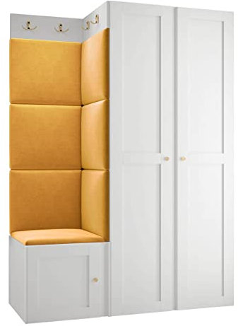 Mirjan24 Garderoben-Set Rotuni XXIII, Kleiderschrank, Schuhschrank mit 3 Fächer + Kleiderhakenbrett, Gepolstertes Wandpaneel, 8 Doppelhaken Flurgarderobe Wandgarderobe (Weiß, Manila 32)