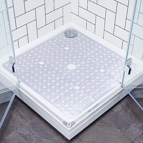 Lurowo Duschmatte, rutschfest, groß, quadratisch, 70 x 70 cm, mit Saugnäpfen, antibakteriell, waschbar, für Dusche, Badewanne (transparent)