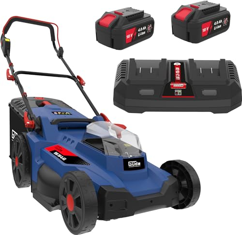 Güde Akku Rasenmäher RM 36.43 (36 V, Brushless, Mähen/Sammeln/Mulchen, 430 mm Schnittbreite, 6-fache Schnitthöheneinst., 50 l Fangsack, inkl. 3 A Schnellladegerät & 2 Stück 4 Ah Akkupacks AP 18-40)
