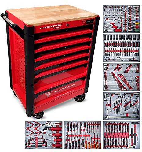 WIDMANN Tool Trolley Cabinet with PRO Tools Steel Workshop Storage Chest Carrier ToolBox with Wooden Worktop, Multi Drawers (TCBWF7-7PRO) (Black&Red) (Red)
